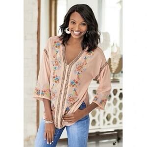 Soft Surroundings Embroidered Beaded Palm Island V-neck Tunic Top Size PXL Peach